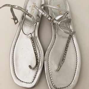 Prada Silver metallic and Rhinestone Flat Sandal